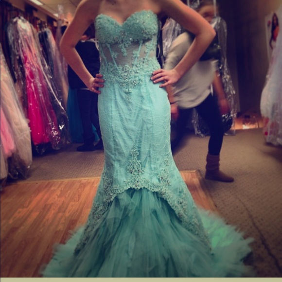 Mint Lace Strapless Prom Dress - Picture 1 of 5